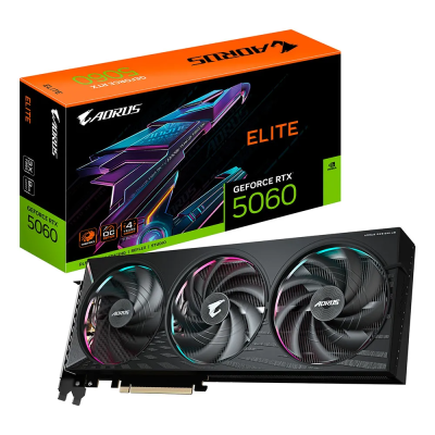 Placa gráfica AORUS GeForce RTX 5060 ELITE com três ventoinhas RGB e caixa preta e laranja