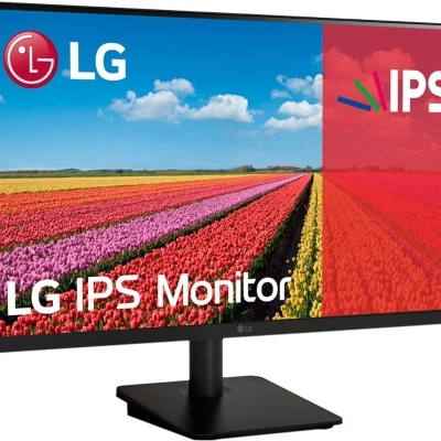 Monitor LG IPS com imagem de campos de flores coloridas.