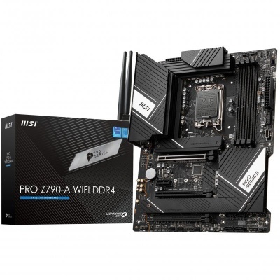 Placa-mãe MSI PRO Z790-A WIFI DDR4 e sua embalagem preta