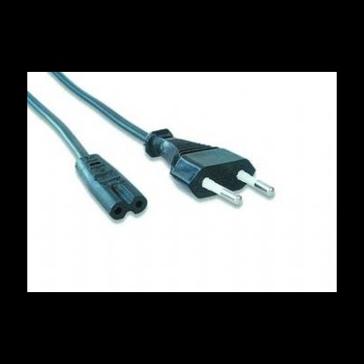 Cabo elétrico preto com ficha de dois pinos redondos e conector feminino.