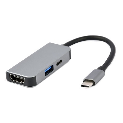 Hub USB-C cinzento com várias portas e cabo preto em fundo branco