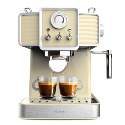 Máquina de café espresso bege com dois copos de vidro a receber café
