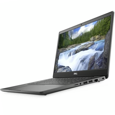 Computador portátil Dell preto com ecrã aberto a mostrar cascata e floresta