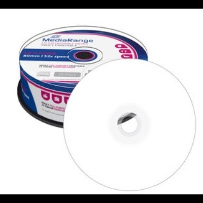 Rolo de CD MediaRange com texto técnico, incluindo 80min 700MB 52x speed.