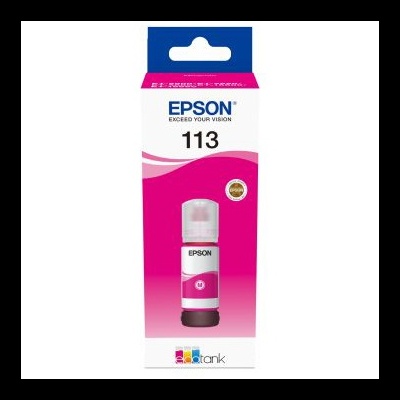 Frasco de tinta Epson 113 branco e rosa em embalagem branca e rosa