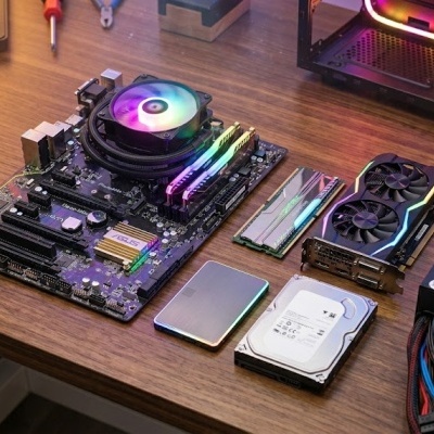 Componentes de computador sobre uma mesa de madeira com luzes RGB