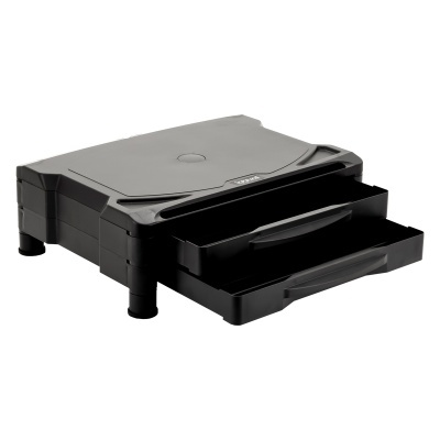 Organizador preto de plástico com duas gavetas e quatro pés