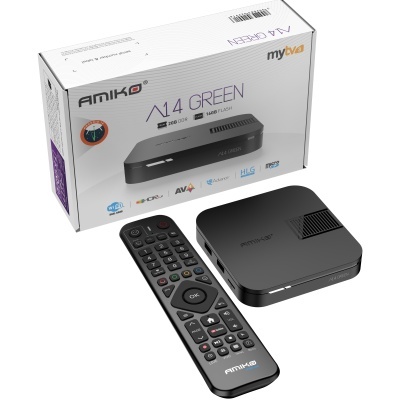 Receptor de TV Amiko A14 Green preto com comando à distância e caixa branca de produto.