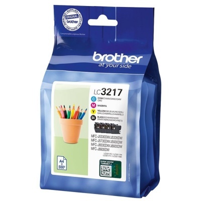 Embalagem azul de tinta Brother LC3217 para impressora com indicação de cores e modelos compatíveis
