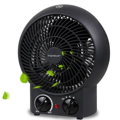 Ventoinha portátil preta com botões de controlo e folhas verdes a esvoaçar