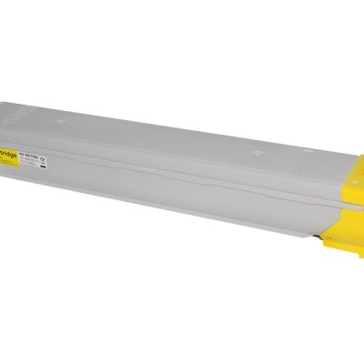 Cartucho de toner cinzento com partes amarelas e etiqueta amarela