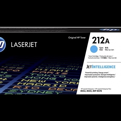 Cartucho toner HP LaserJet 212A ciano em embalagem preta e azul
