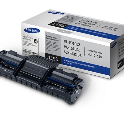 Cartucho de toner Samsung MLT-D119S e sua embalagem para impressora