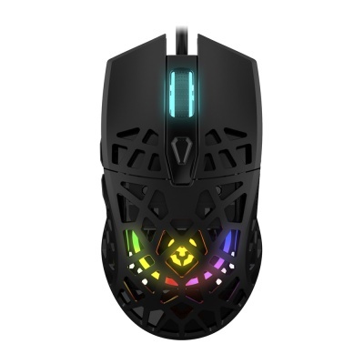 Rato de computador preto com iluminação RGB e design perfurado