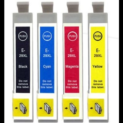 Quatro tinteiros para impressora nas cores preto, ciano, magenta e amarelo.