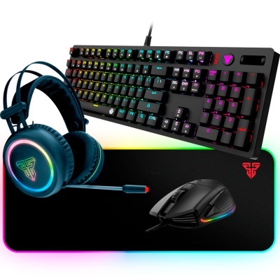 Conjunto gaming com teclado mecânico, auricular, rato e tapete com iluminação RGB