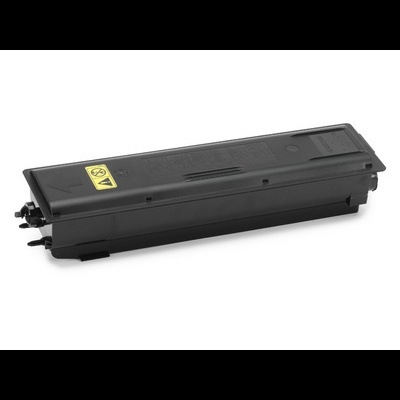 Toner preto para impressora com etiqueta amarela e texto de aviso.