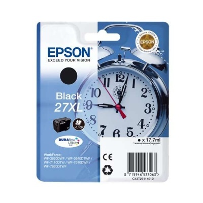 Embala tinta preta Epson 27XL para impressora com imagem de relógio.