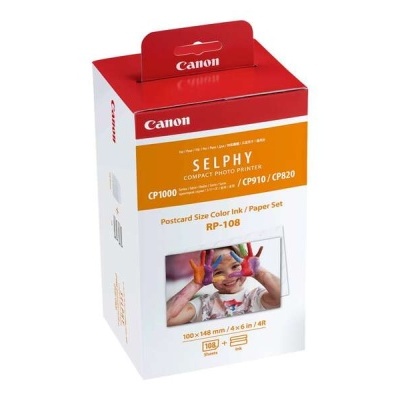 Embalagem Canon SELPHY conjunto tinta colorida e papel tamanho postal para impressora fotográfica compacta.