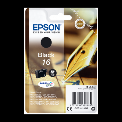 Embalagem de tinteiro preto Epson 16 para impressoras com caneta-tinteiro dourada na imagem