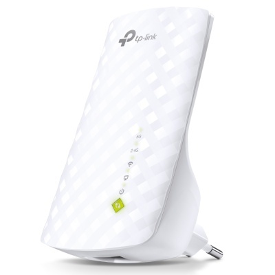 Repetidor Wi-Fi TP-Link branco com indicadores LED e textura geométrica