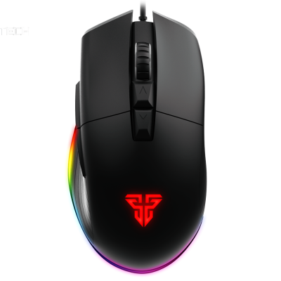 Rato gaming preto com iluminação RGB e botões de ajuste