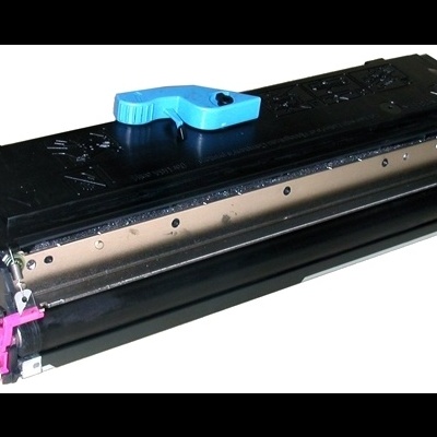 Toner preto para impressora com pega azul e detalhes rosa