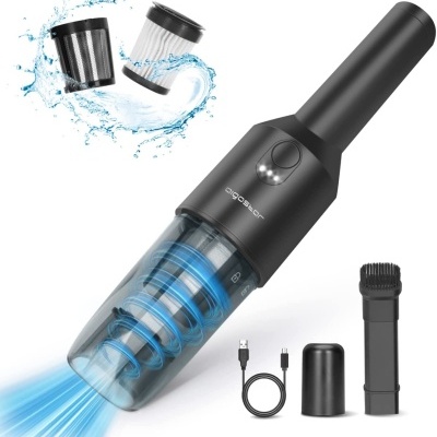 aspirador portátil preto com acessórios e filtros