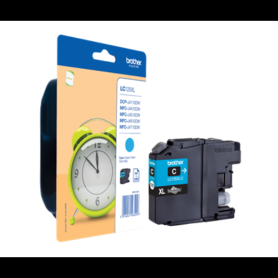 Cartucho de tinta Brother LC125LC azul e embalagem com imagem de relógio verde