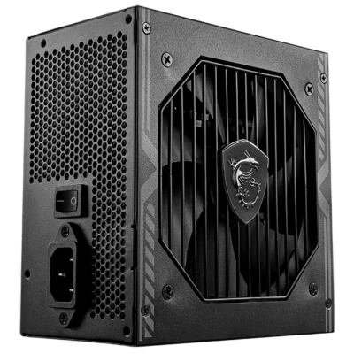 Fonte de alimentação eletrónica preta com ventoinha e símbolo de dragão em escudo