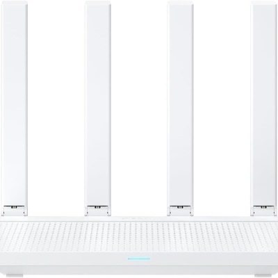 Router sem fios branco com quatro antenas verticais e luz azul