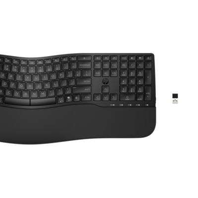 Teclado ergonómico preto com apoio de pulso e rato wireless preto com dongle USB.