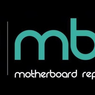 Logótipo de empresa com texto mbr motherboard repair e componente eletrónico cinzento