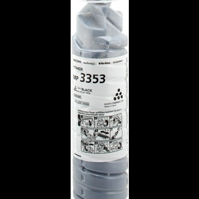 Frasco de toner Ricoh MP 3353 preto com tampa preta e rótulo branco.