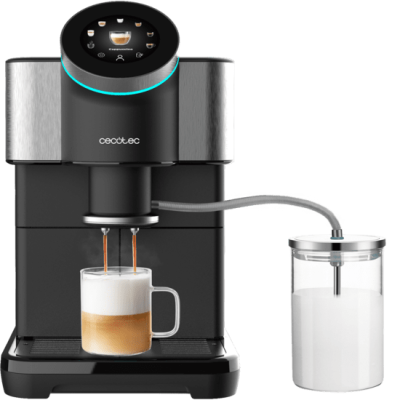 Máquina de café Cecotec preta com jarro de leite