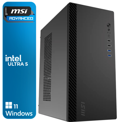 Computador desktop preto MSI com selo azul Intel Ultra 5 Windows 11.
