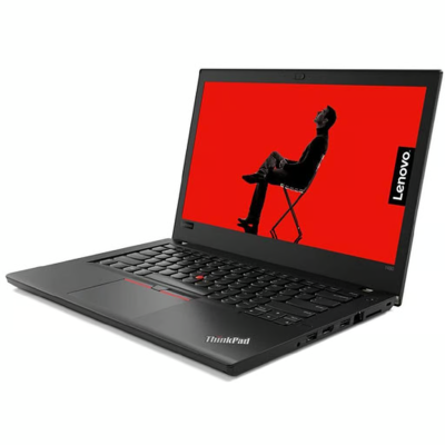 Computador portátil Lenovo ThinkPad preto aberto com imagem no ecrã vermelho e silhueta de pessoa sentada