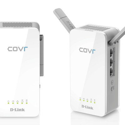Dois repetidores Wi-Fi D-Link Covr brancos com antenas cinzentas e luzes LED verdes