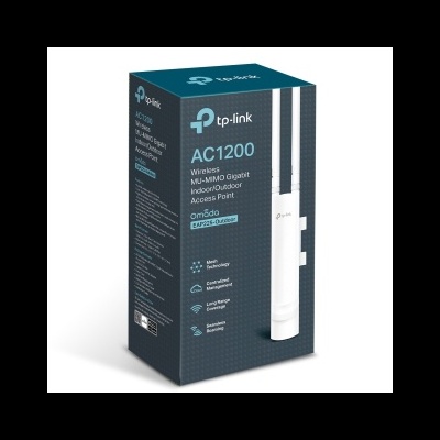 Caixa azul escuro do ponto de acesso TP-Link AC1200 com antenas brancas visíveis.