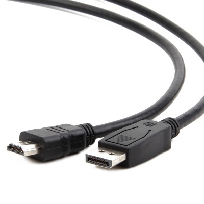 Cabo preto com conector DisplayPort e conector HDMI isolados em fundo branco