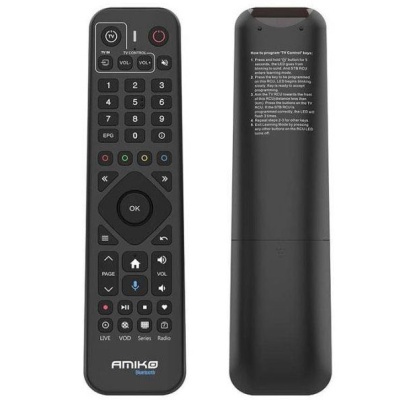 Comando remoto preto AMIKO com botões variados e instruções na parte traseira