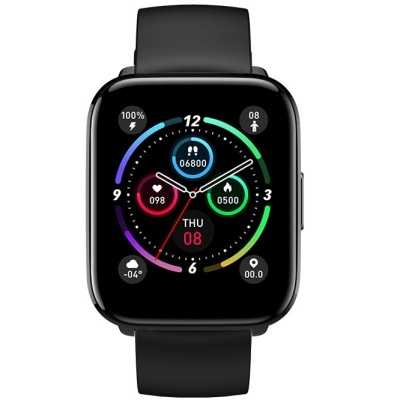 Relógio inteligente preto com mostrador digital colorido e bracelete em silicone