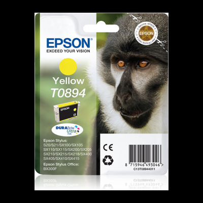 Embalagem de tinta Epson amarela T0894 com imagem de macaco