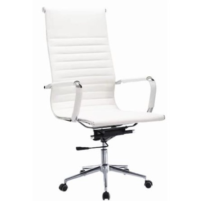 Cadeira de escritório branca com estofos riscado e base cromada com rodas