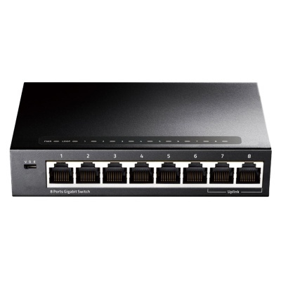 Interruptor de rede preto com 8 portas gigabit numeradas