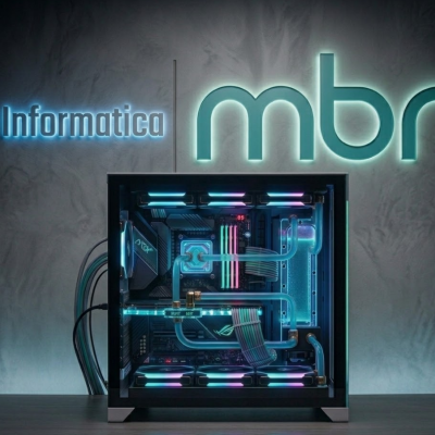 Computador desktop com iluminação RGB e sistema de refrigeração líquida diante de parede com texto iluminado