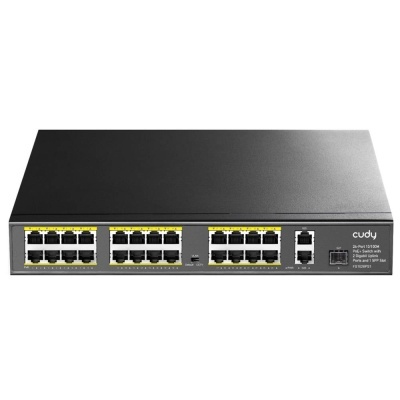 Switch de rede preto Cudy com 24 portas Ethernet e texto branco lateral