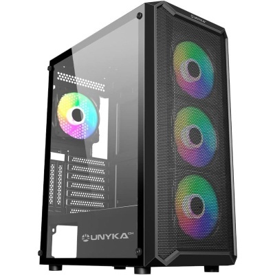 Gabinete de computador preto com ventoinhas RGB visíveis e painel lateral de vidro