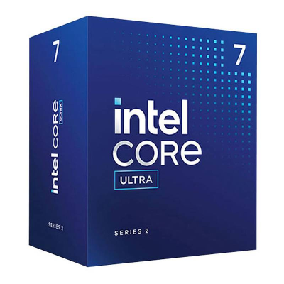 Caixa azul de processador Intel Core Ultra Série 2 com número 7