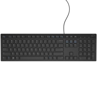 Teclado preto com cabo e teclado numérico, teclas com símbolos brancos e azuis